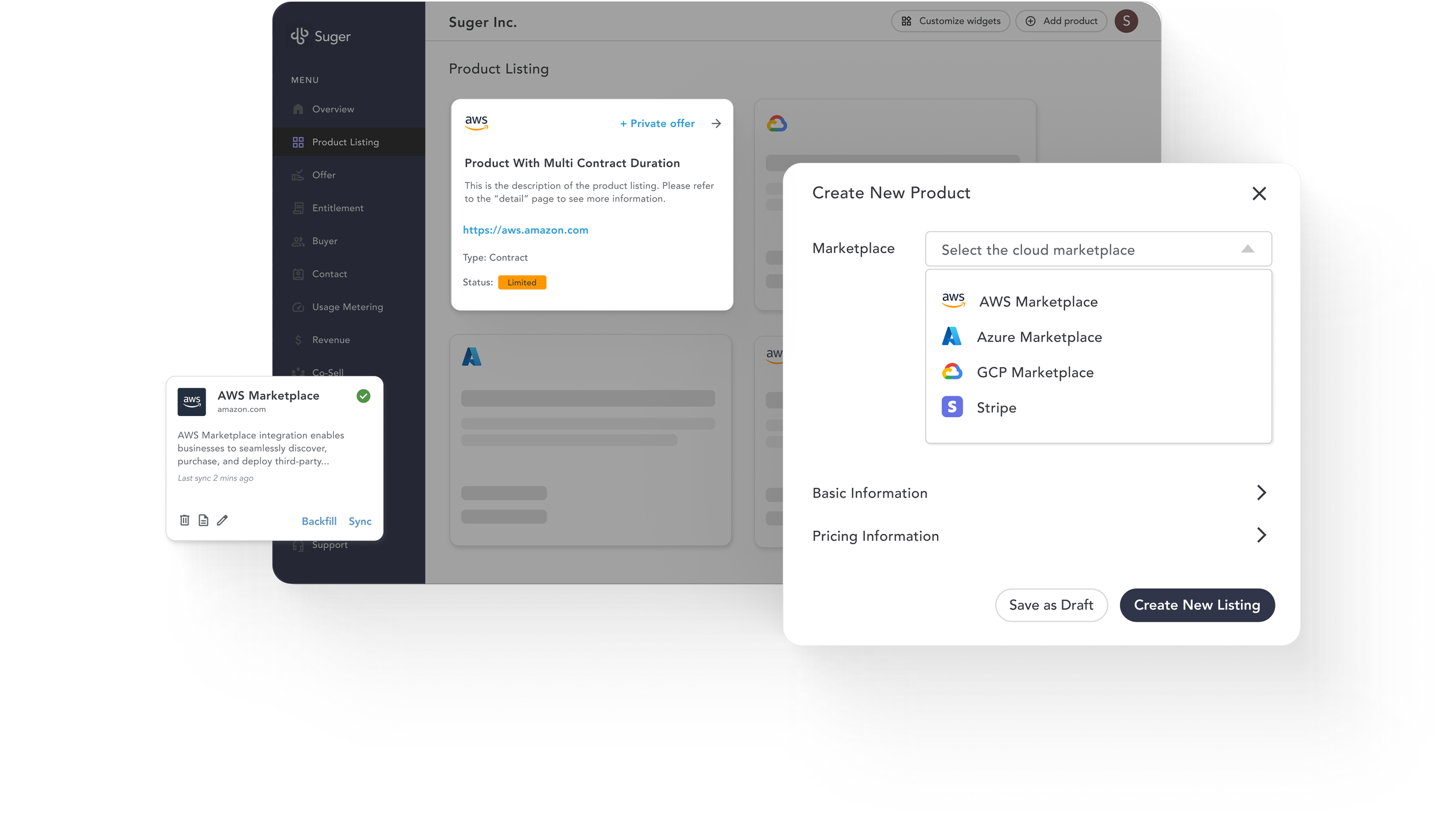 Computer screen showing a dashboard interface for creating and listing products on a marketplace, with options to select the cloud marketplace, add product details, and create a new listing.