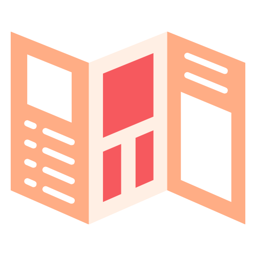 Illustration of an open tri-fold brochure with various sections for text and images.