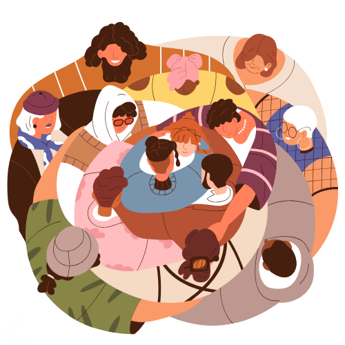 A group of diverse people sitting around a table, smiling and engaged in conversation together.