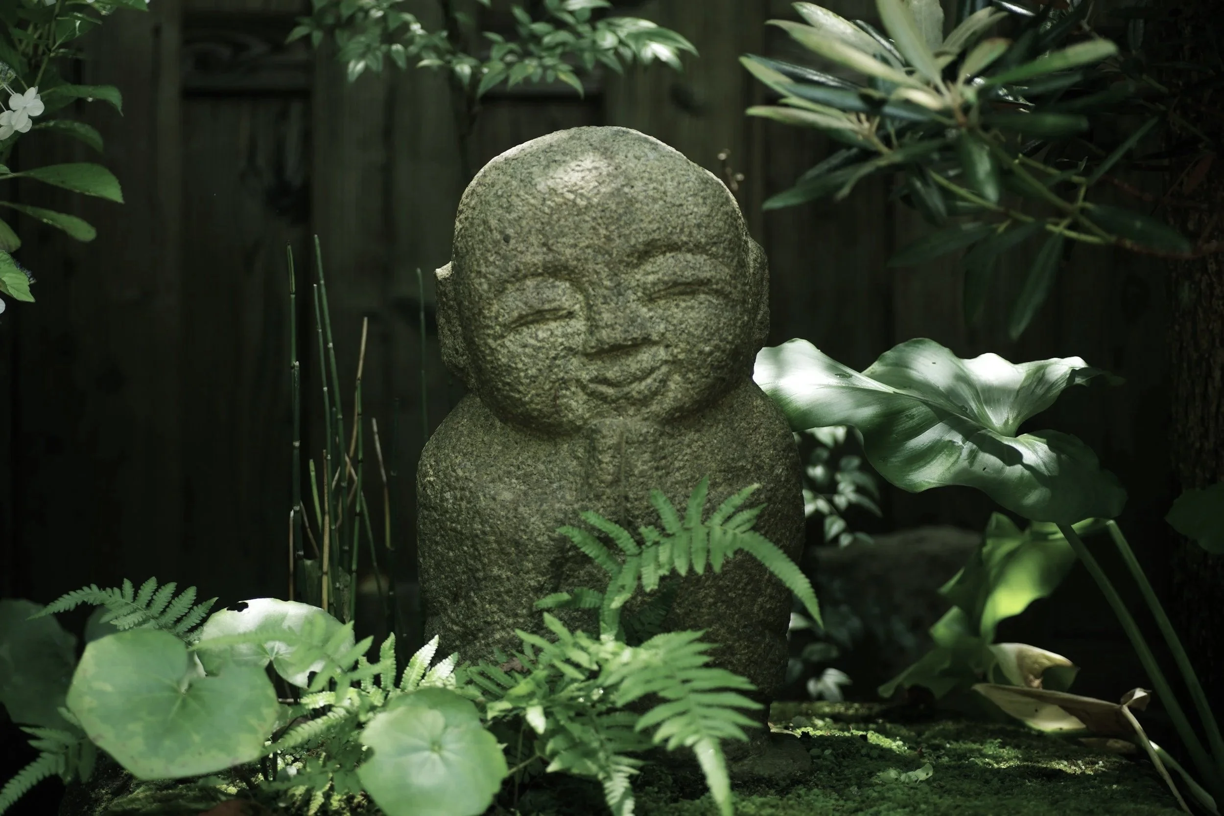 A stone statue of a smiling, chubby, childlike figure surrounded by lush green plants in a garden.