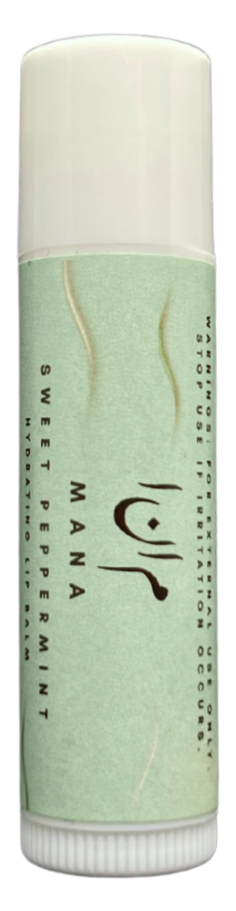 A lip balm tube labeled 'Manay' with peppermint scent, designed for smoothing and moisturizing lips.