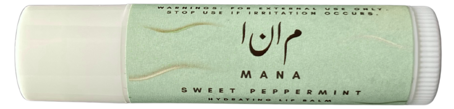 A tube of Mana Sweet Peppermint Hydrating Lip Balm with a light green label and white cap.