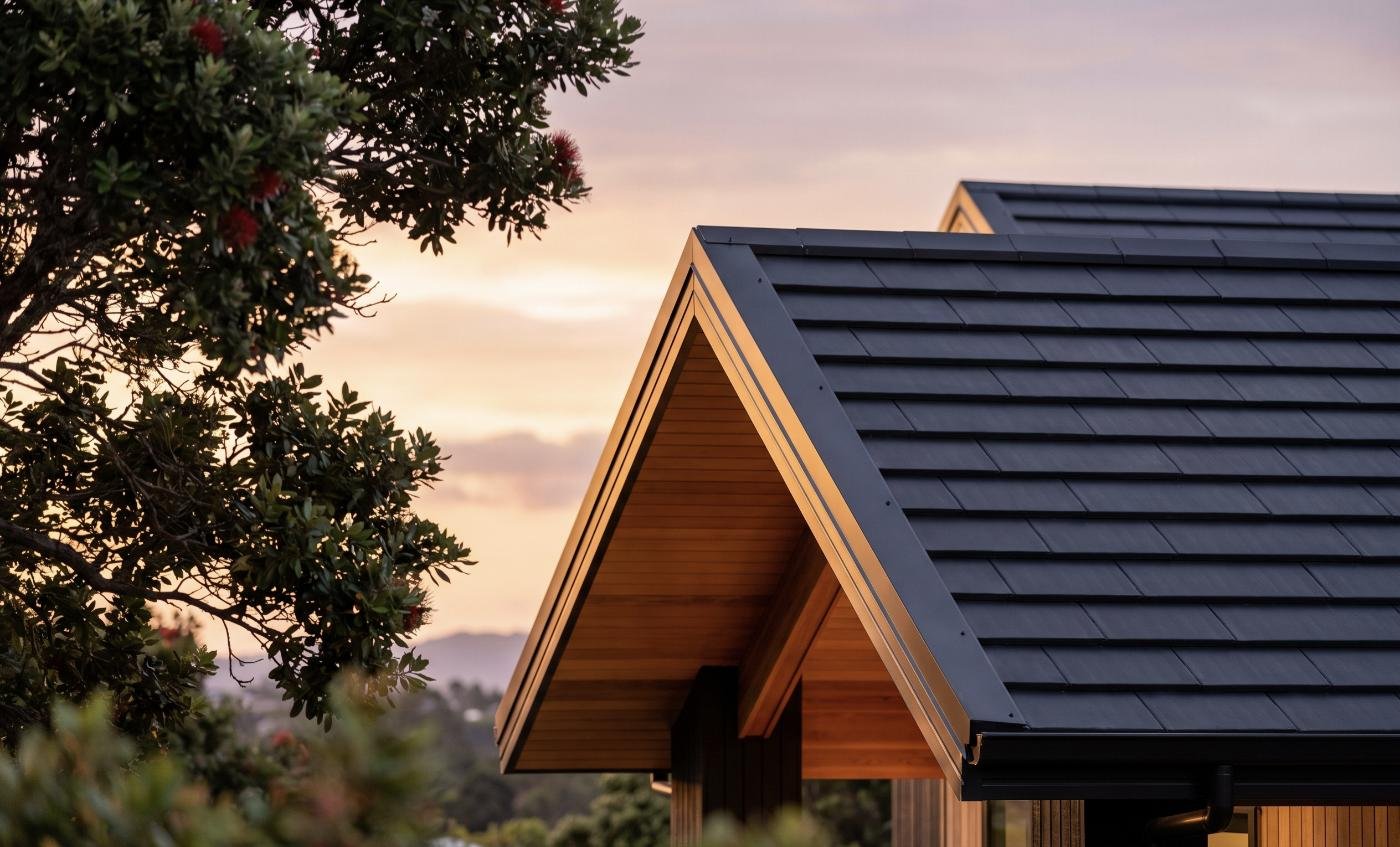 Freshly painted charcoal roof on an Auckland home at golden hour, with pohutukawa in the foreground