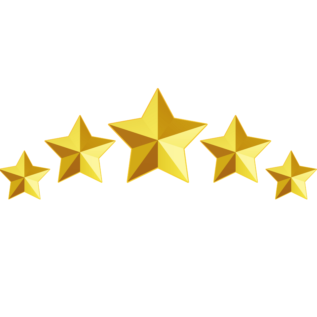 Five gold stars in an arc formation on a transparent background.