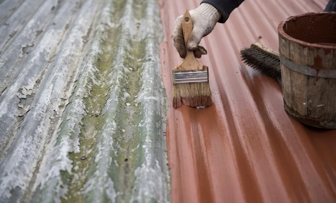 Weathered Auckland roof part-way through repainting, showing old chalky coating beside fresh roof paint