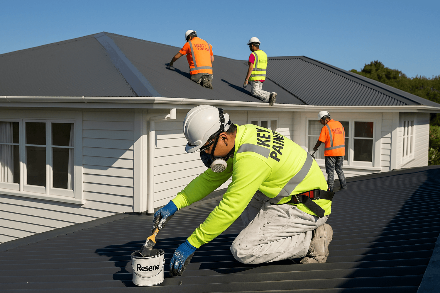 Key Painting team in safety gear painting a house roof in Auckland