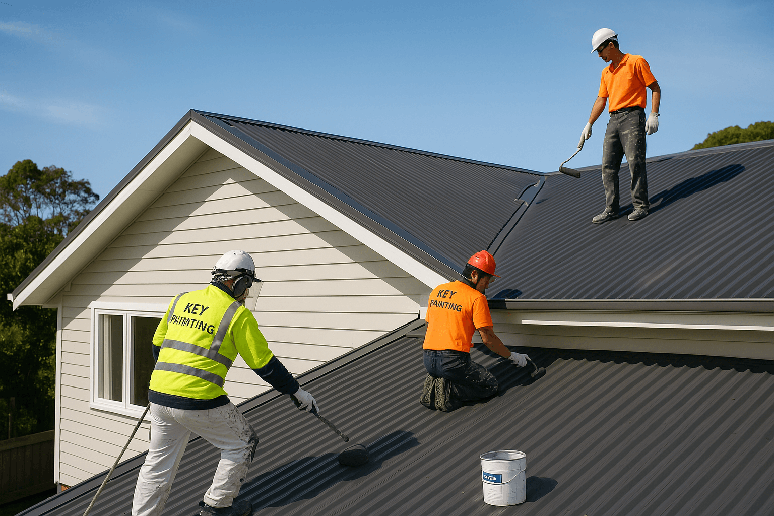 Key Painting crew repainting a large roof in Auckland — roof painting specialists