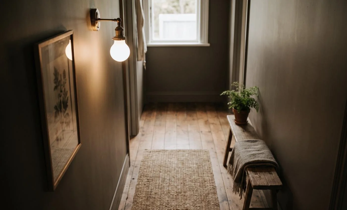 Narrow Auckland hallway painted in a deep warm greige, showing how darker tones add depth to small spaces