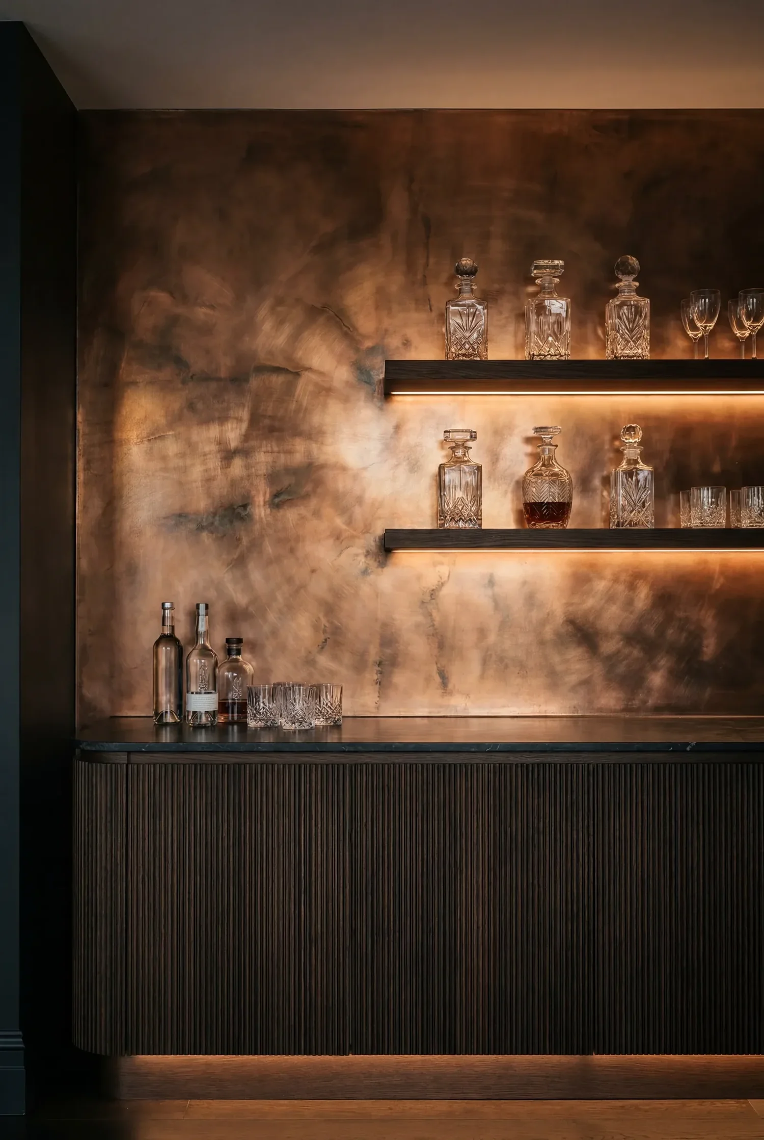 Liquid copper feature wall with verdigris patina behind a home bar, Auckland by Key Painting