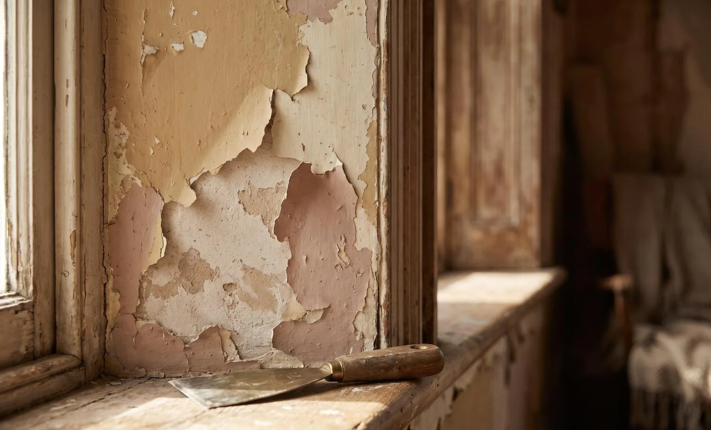 Peeling paint flaking off an older Auckland villa window reveal, showing failed surface preparation