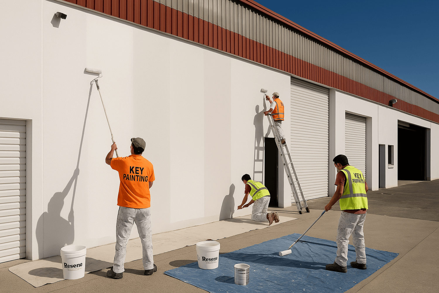 Key Painting crew in hi-vis painting a building exterior in Auckland