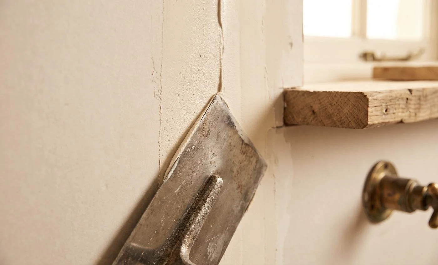 Plasterer's trowel spreading jointing compound over a gib board seam in an Auckland home
