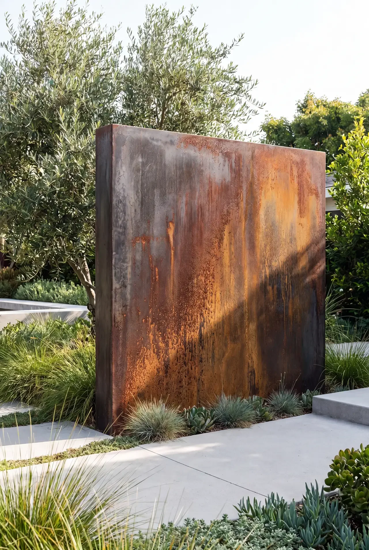 Iron rust corten-look feature wall in an Auckland garden by Key Painting