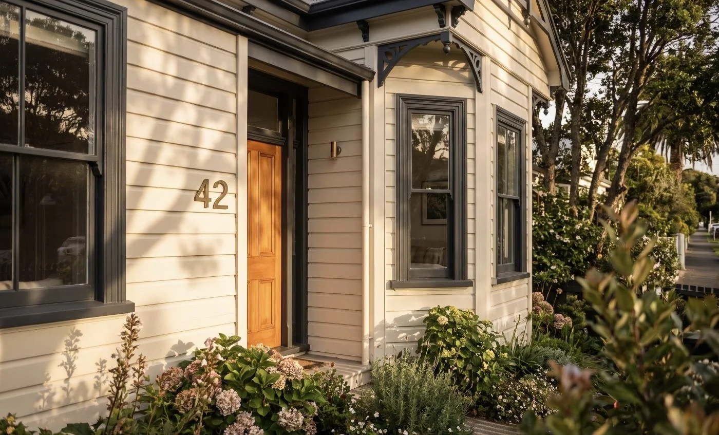 Freshly repainted Auckland villa weatherboards in warm off-white with charcoal trim at golden hour