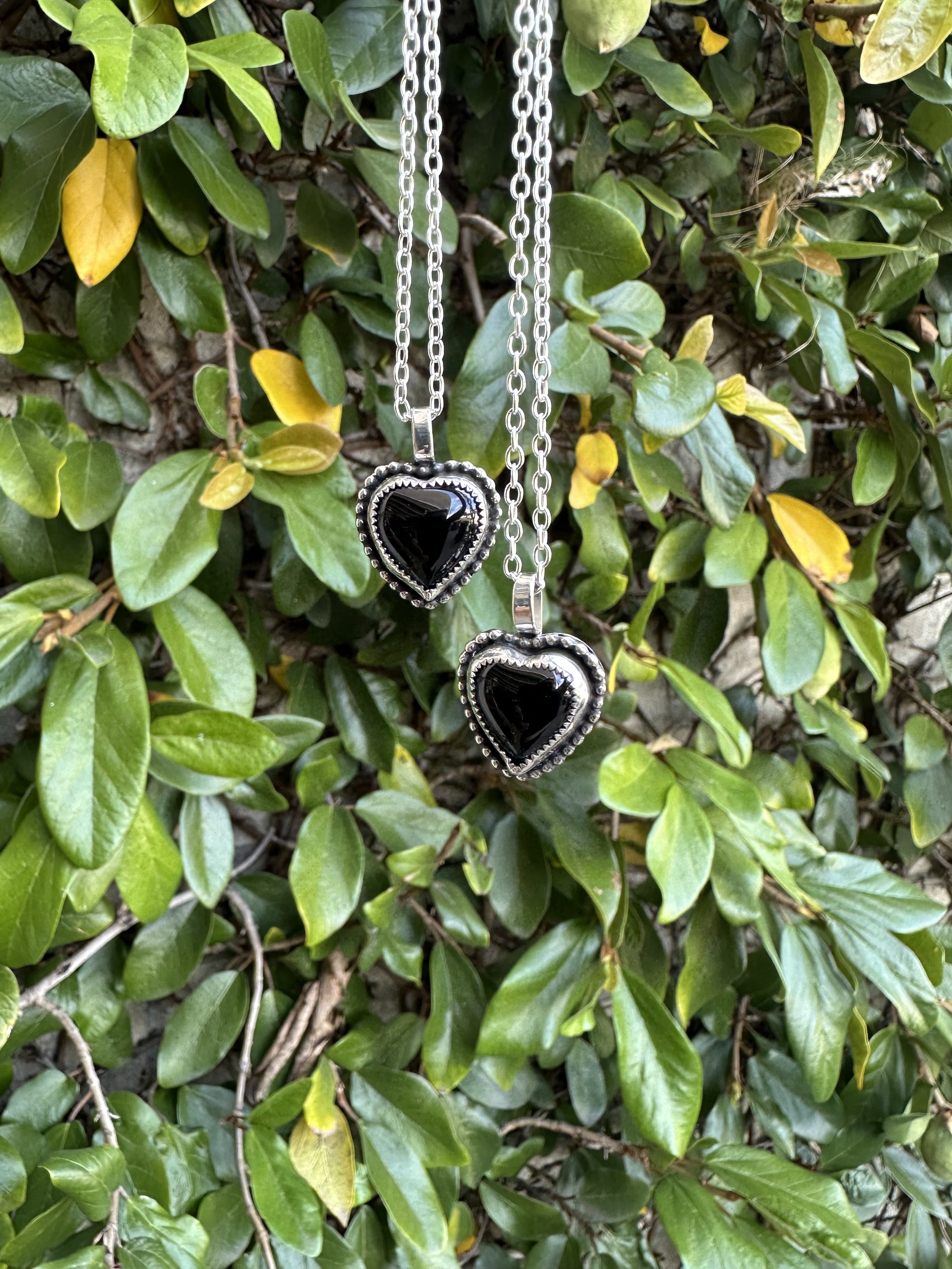 Two silver heart-shaped necklaces with black gemstone centers hanging on a leafy green bush.