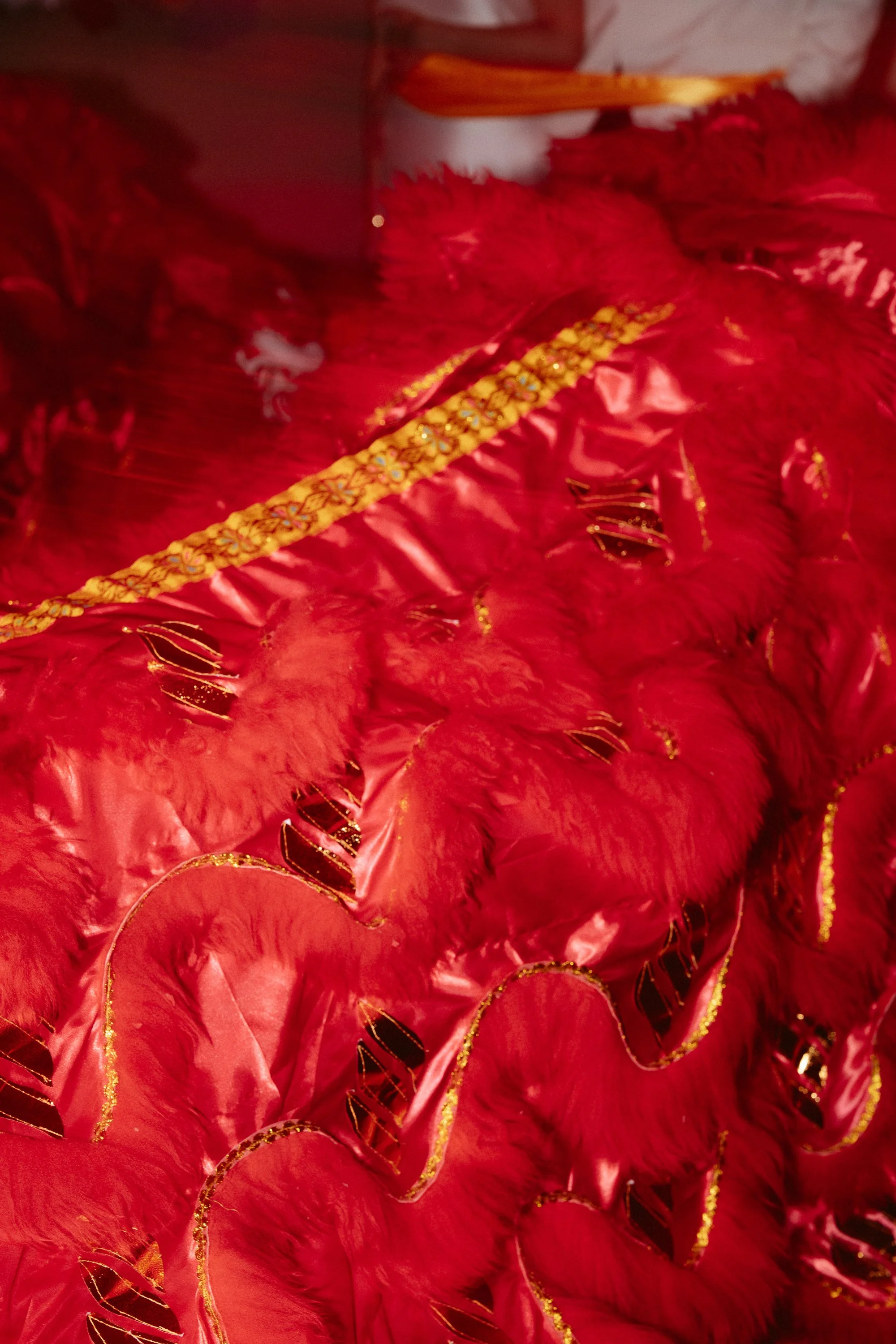 Close-up of a red and gold decorative feathered costume or accessory with sequins and ornate details.