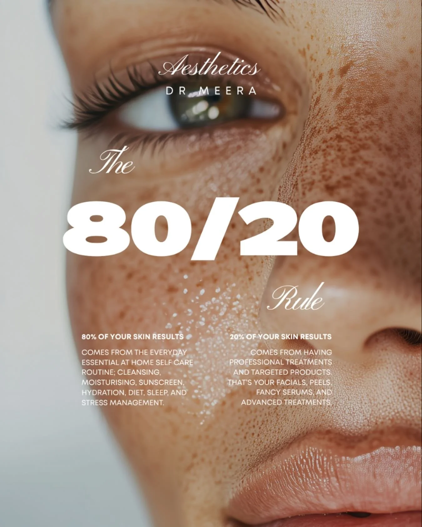 ✨ The 80/20 Rule ✨

When it comes to glowing, healthy skin, think of it like this:

💙 80% of your results come from what you do every day. Your skincare routine, sun protection, hydration, lifestyle.

💉 20% comes from in-clinic treatments, the boos