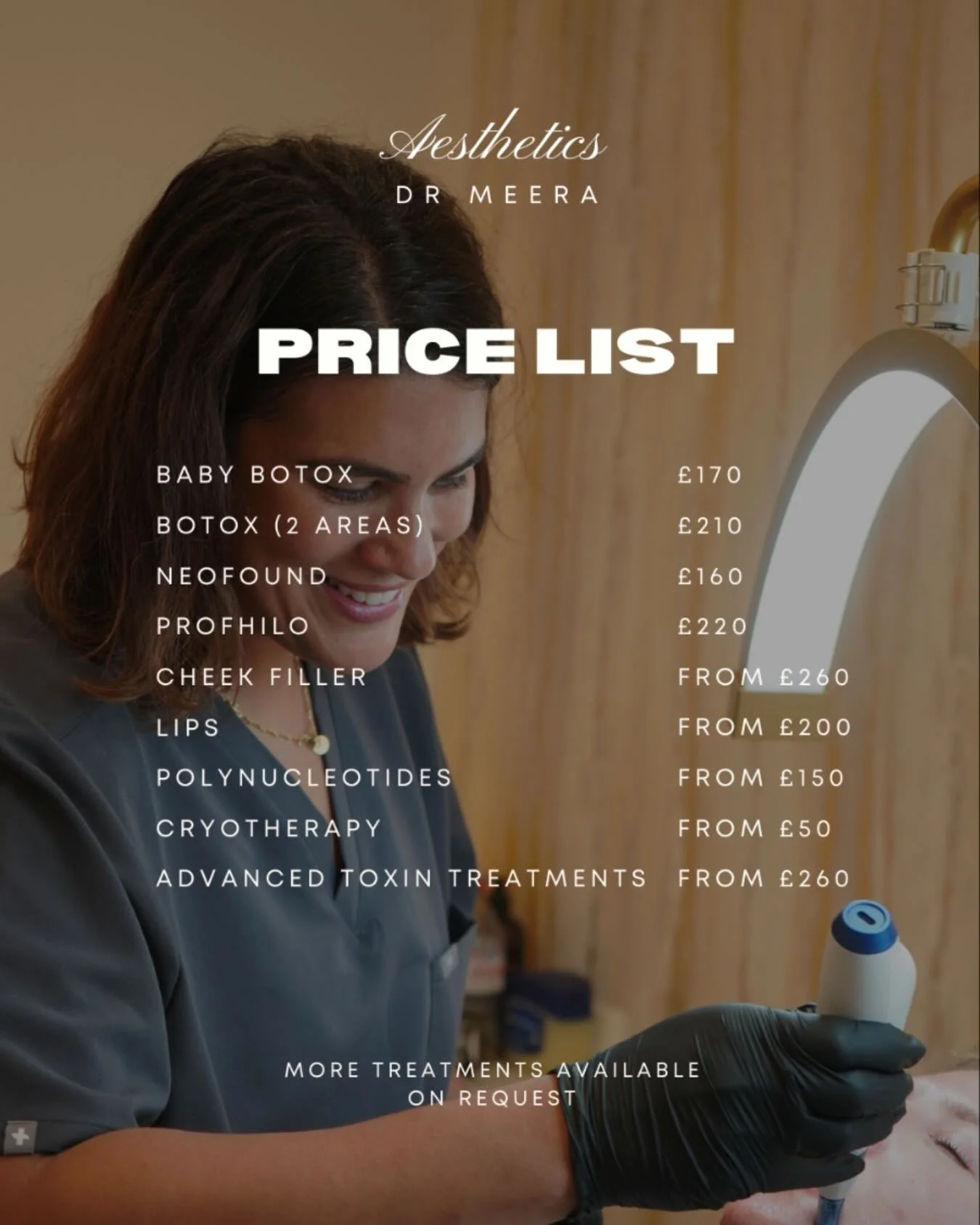 Your glow, your options ✨
Our full treatment price list is transparent, doctor-led, and designed to help you choose the right treatments with confidence. From skin rejuvenation to injectables, every treatment at Dr Meera Aesthetics is carried out by 