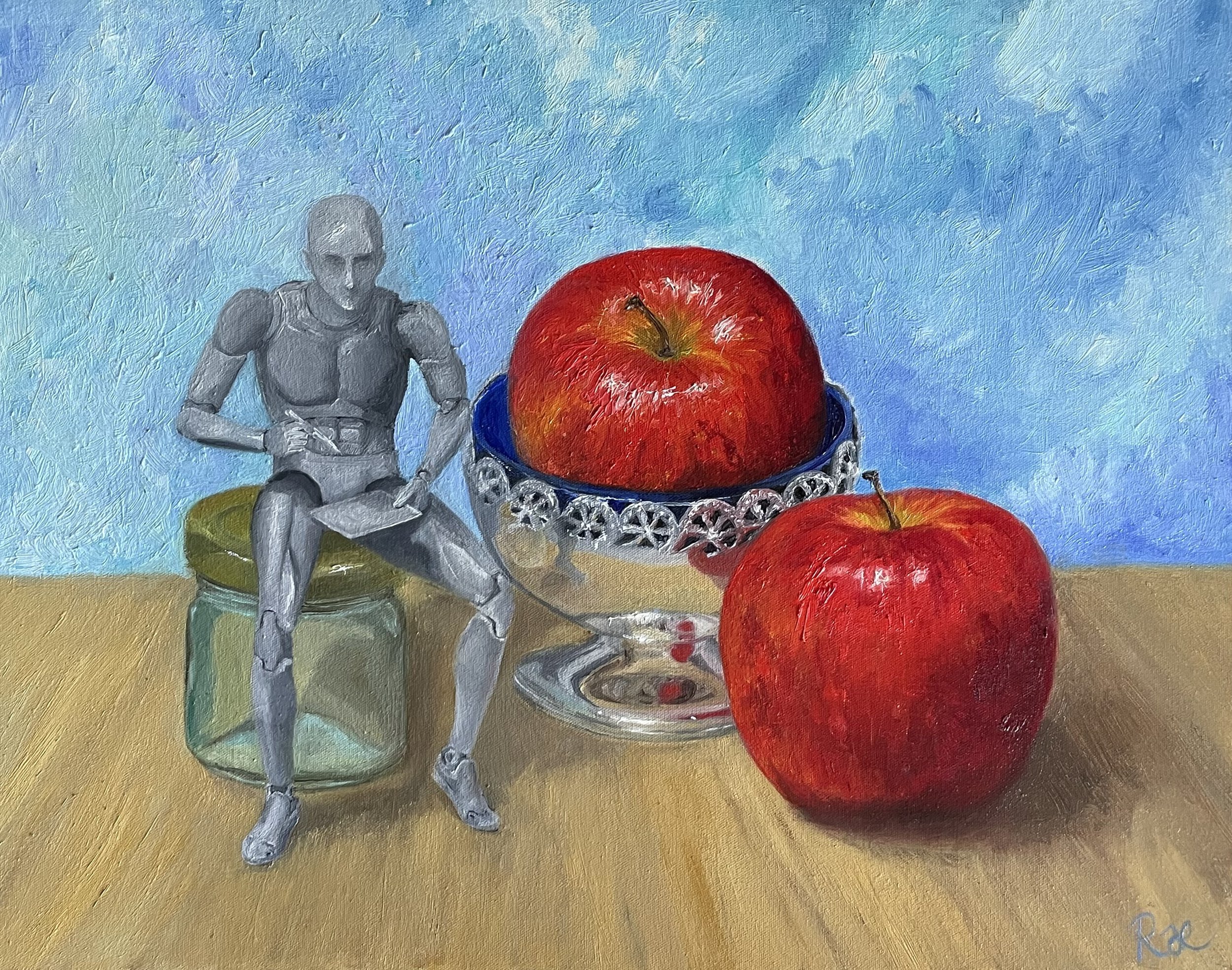 “Still Personifying Life” by Rachel Lachat (2023)
—
The figurine paints an image of your own self-worth as you imagine eating one of these delicious apples.
—
Oil on canvas - 14" x 11" - AU$300