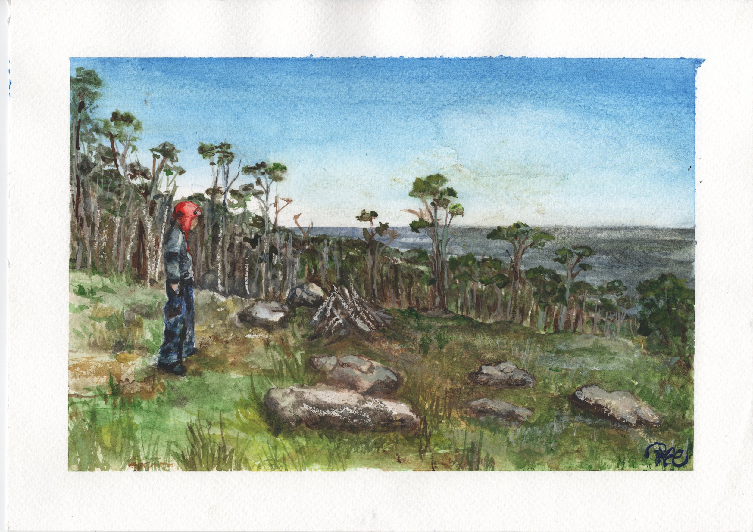 “Jackson on Mt Macedon” by Rachel Lachat (2024)
---
Time stood still. The views from Mt Macedon took the words from everyone, even the young 18 year old.
---
Watercolour on Cotton Paper - 14” x 11” - AU$180