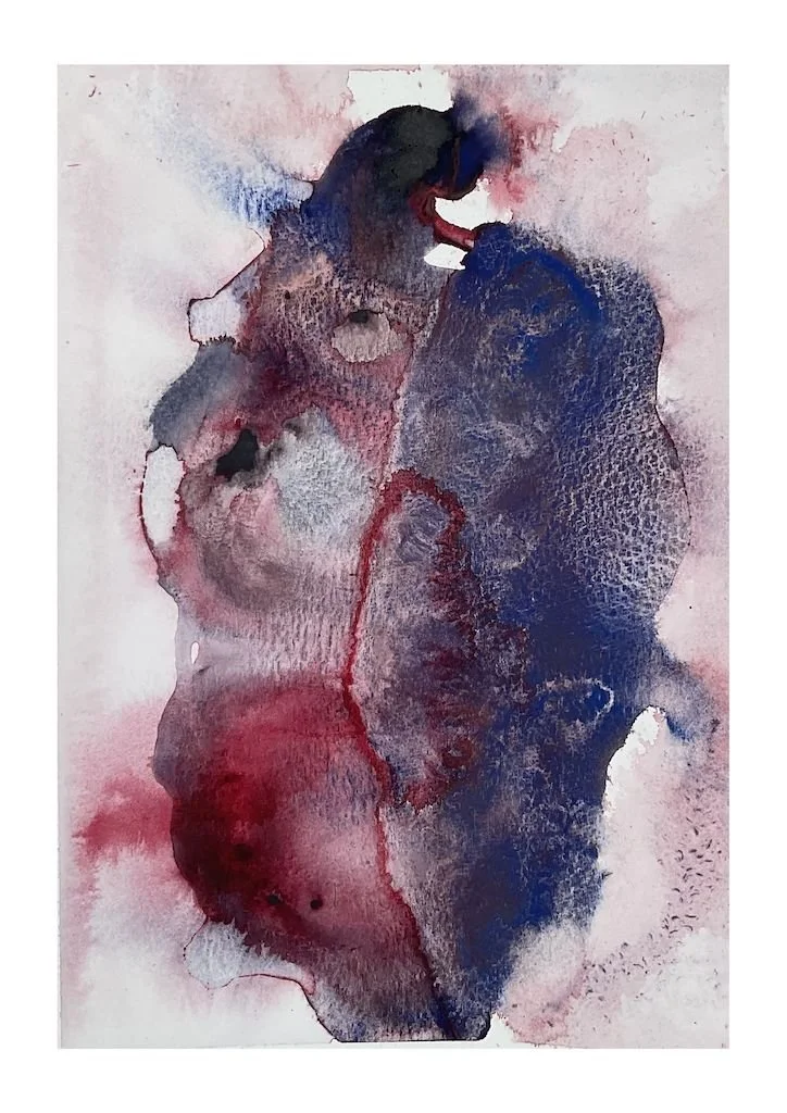 wet on wet watercolour abstract in blues and crimsons