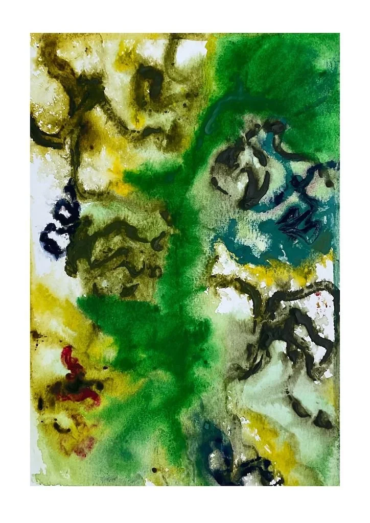 wet on wet abstract watercolour in forest colours