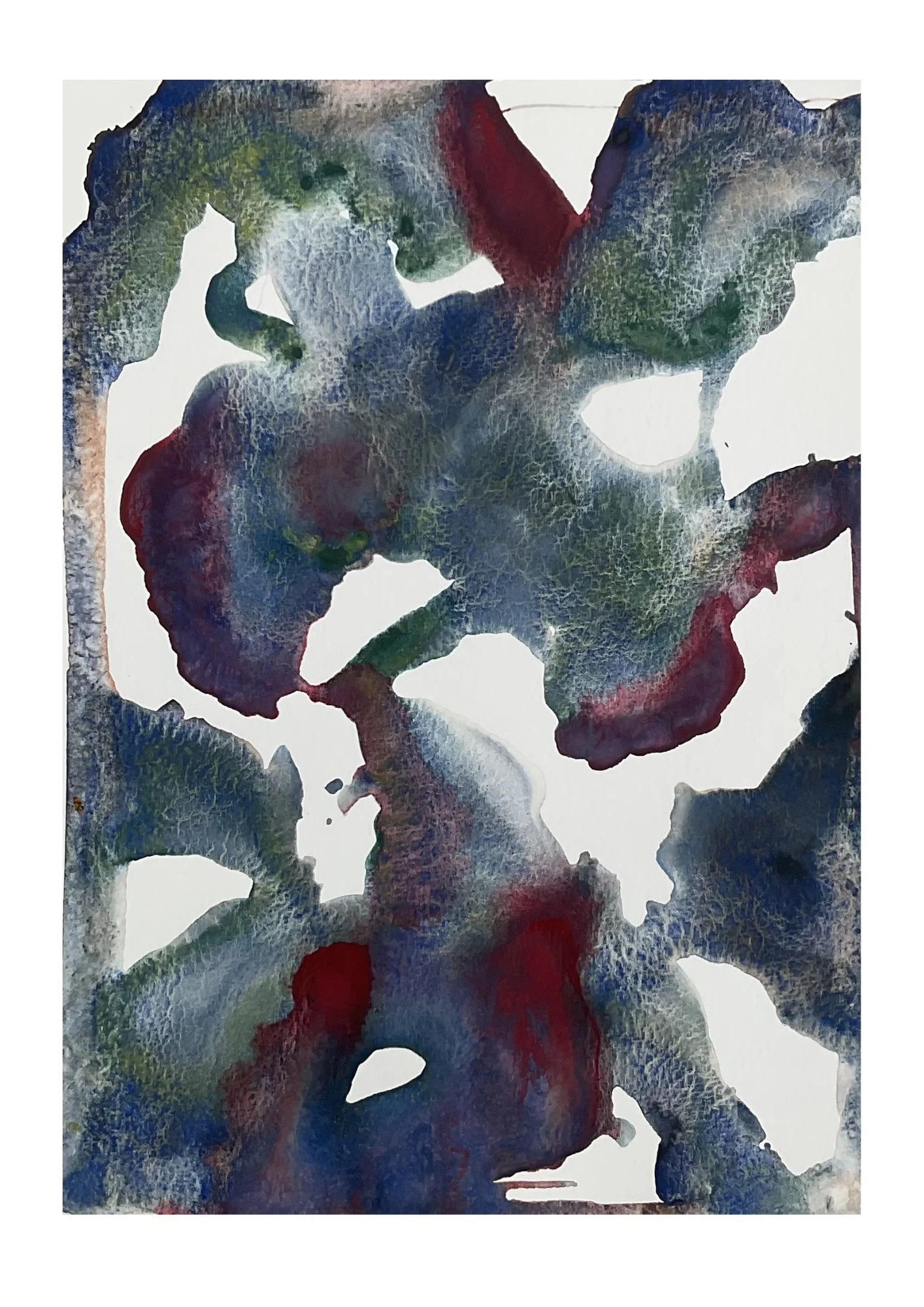 wet on wet abstract watercolour of natural shapes in granulated blues , greens and crimsons.