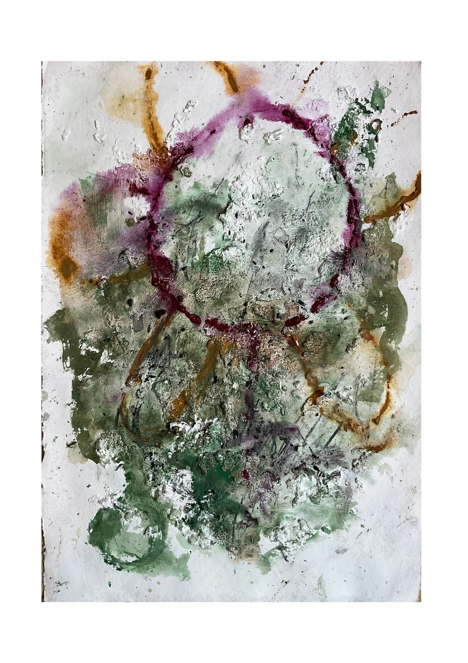 watercolour and paper pulp depicting autumn  with dark grenns along with purples and orange