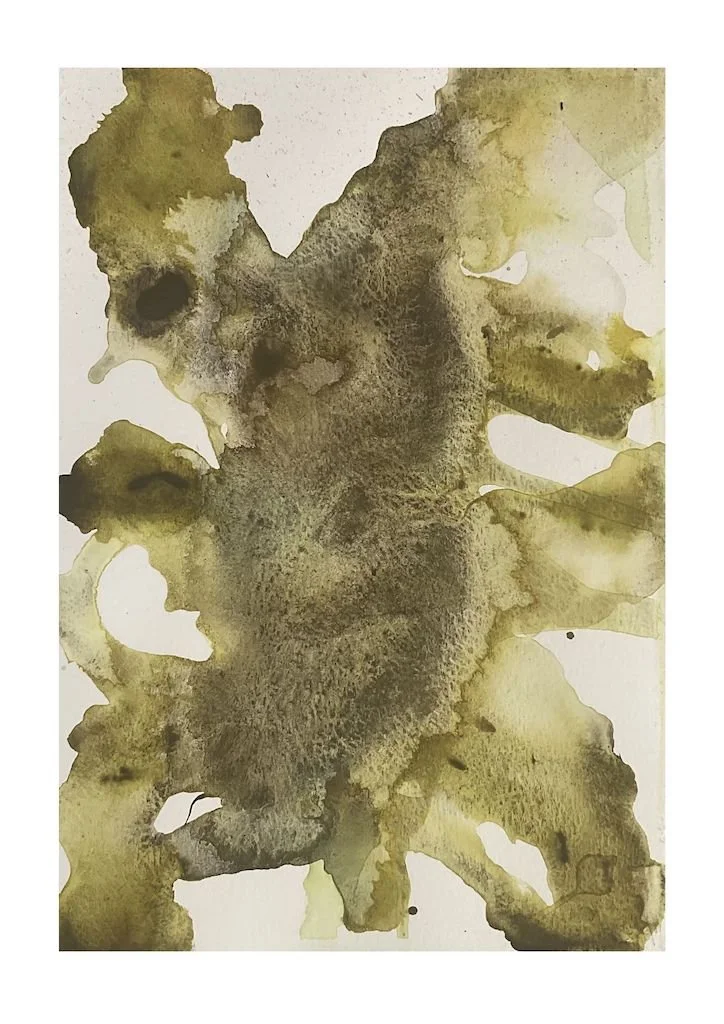 wet on wet watercolour abstract forms in forest greens and greys