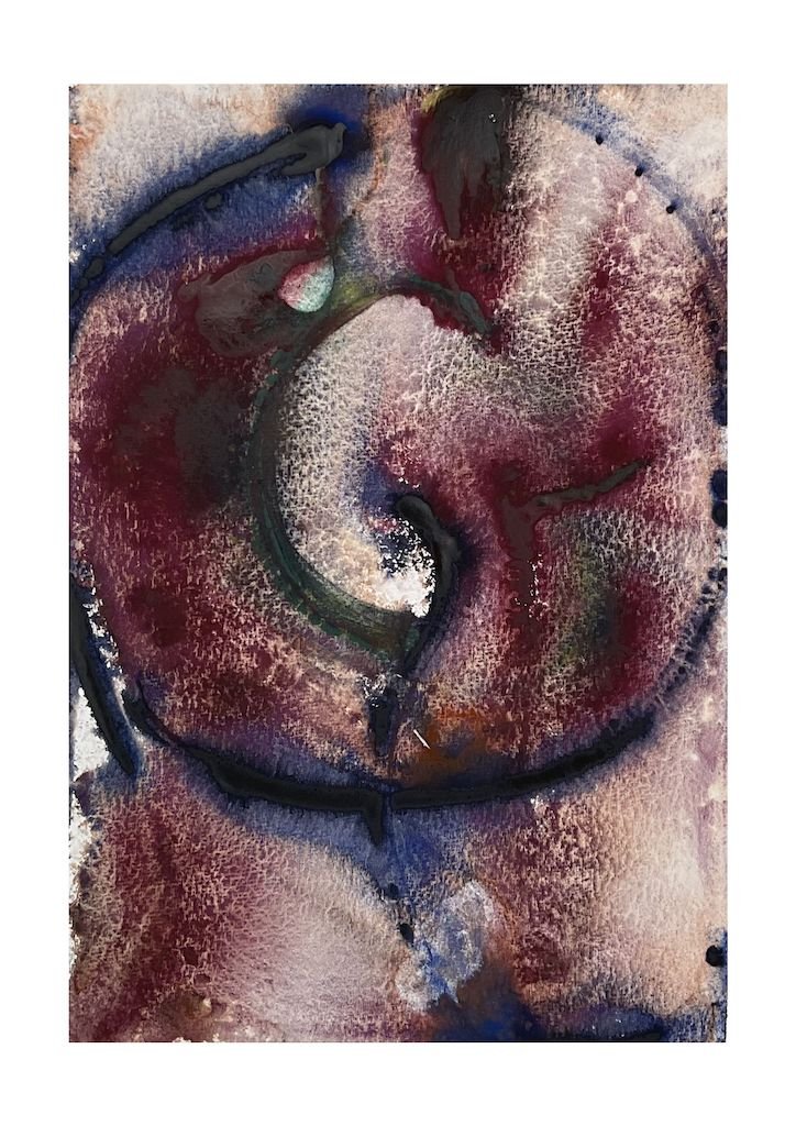 wet on wet watercolour abstract circle forms with dark crimson and purple