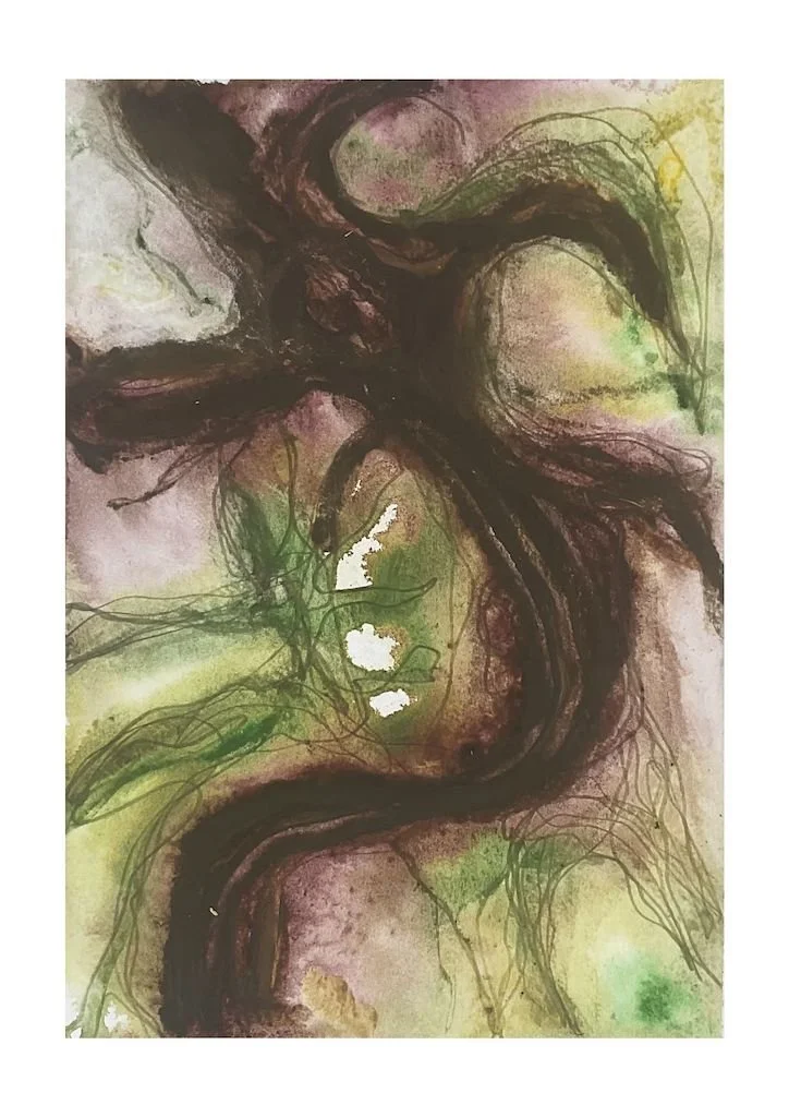 wet on wet watercolour abstract forest forms in brown and green
