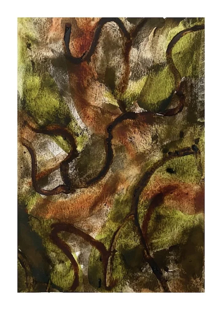 wet on wet watercolour dark browns and greens