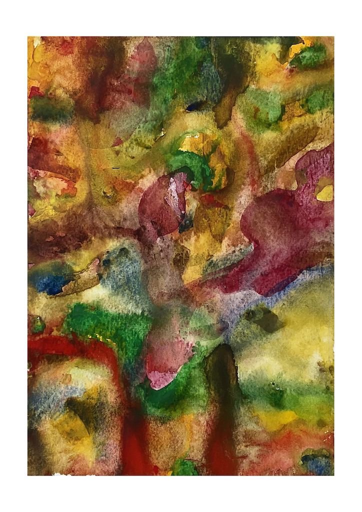 wet on wet watercolour abstract yellows , greens and reds