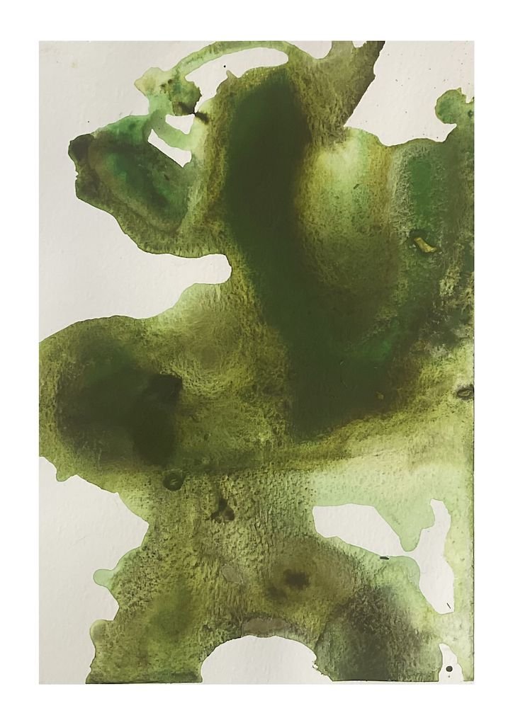 wet on wet watercolour abstract form in grainy greens