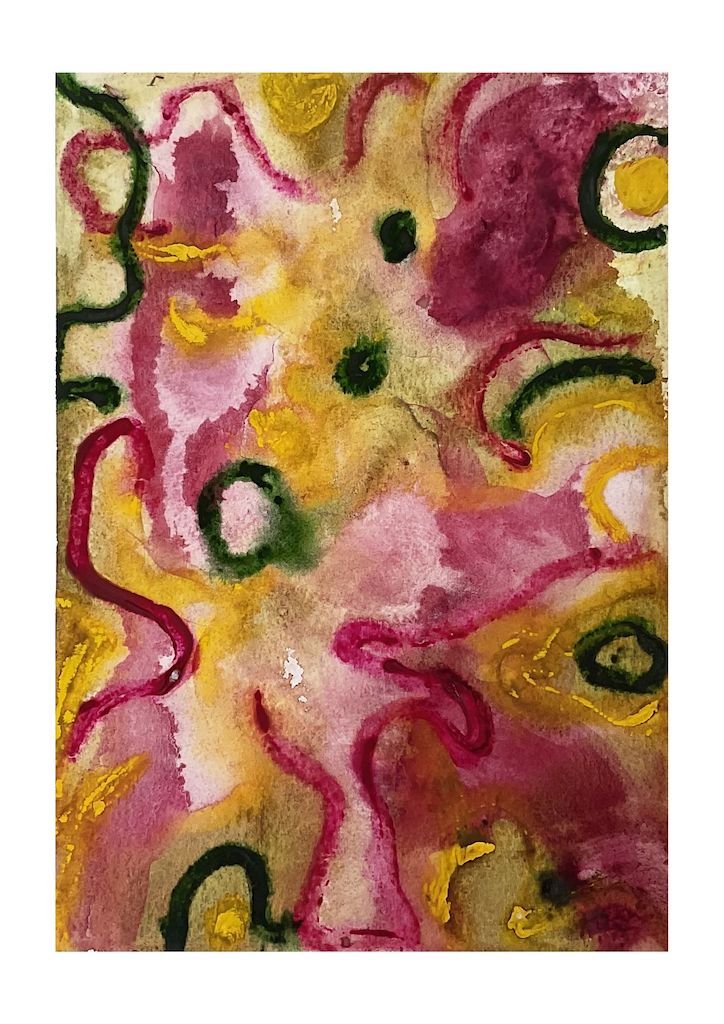 pinks and yellows with some green marks wet on wet watercolour