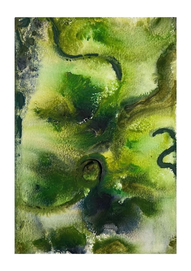 wet on wet watercolour abstract in greens and dark purple