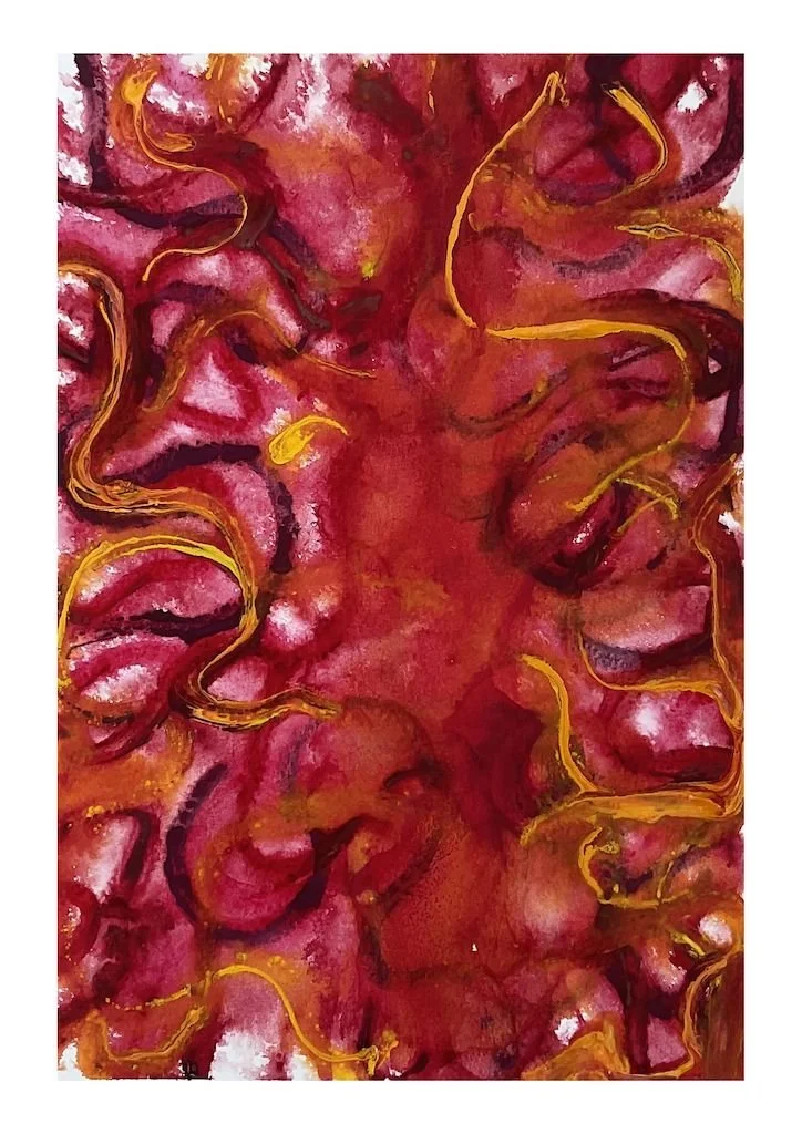 wet on wet watercolour in crimson with dark lines and yellow markings