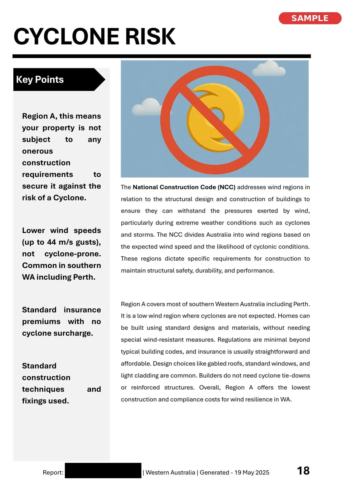 Information sheet titled 'Cyclone Risk' with a graphic of a cyclone symbol crossed out. The sheet explains wind regions in Western Australia, focusing on Region A, which has low cyclone risk and construction standards.