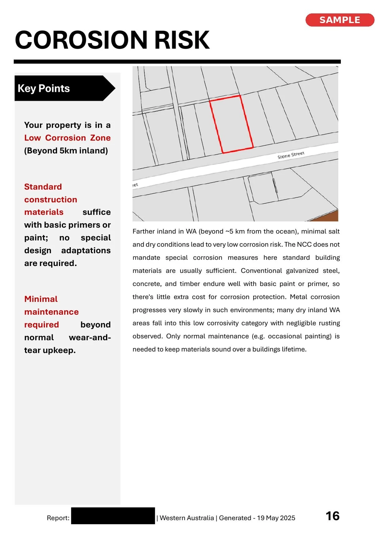 Document page with a title 'Corrosion Risk' and a map showing a property outlined in red. The key points note the property is in a low corrosion zone, require standard construction materials, minimal maintenance, and no special design. The text discu