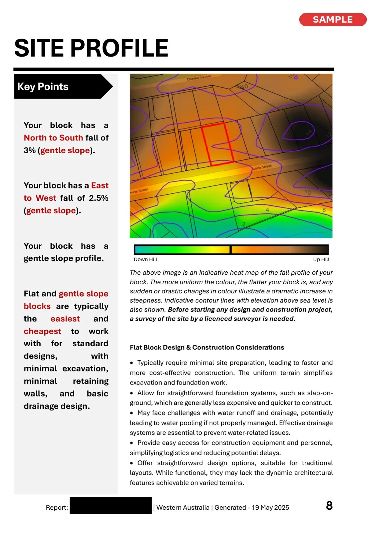 Heat map diagram showing gentle slope contours of a site with a color gradient from green to brown indicating elevation, overlaid with contour lines and labels. The map includes text annotations, a color scale from blue to brown, and a red rectangle 