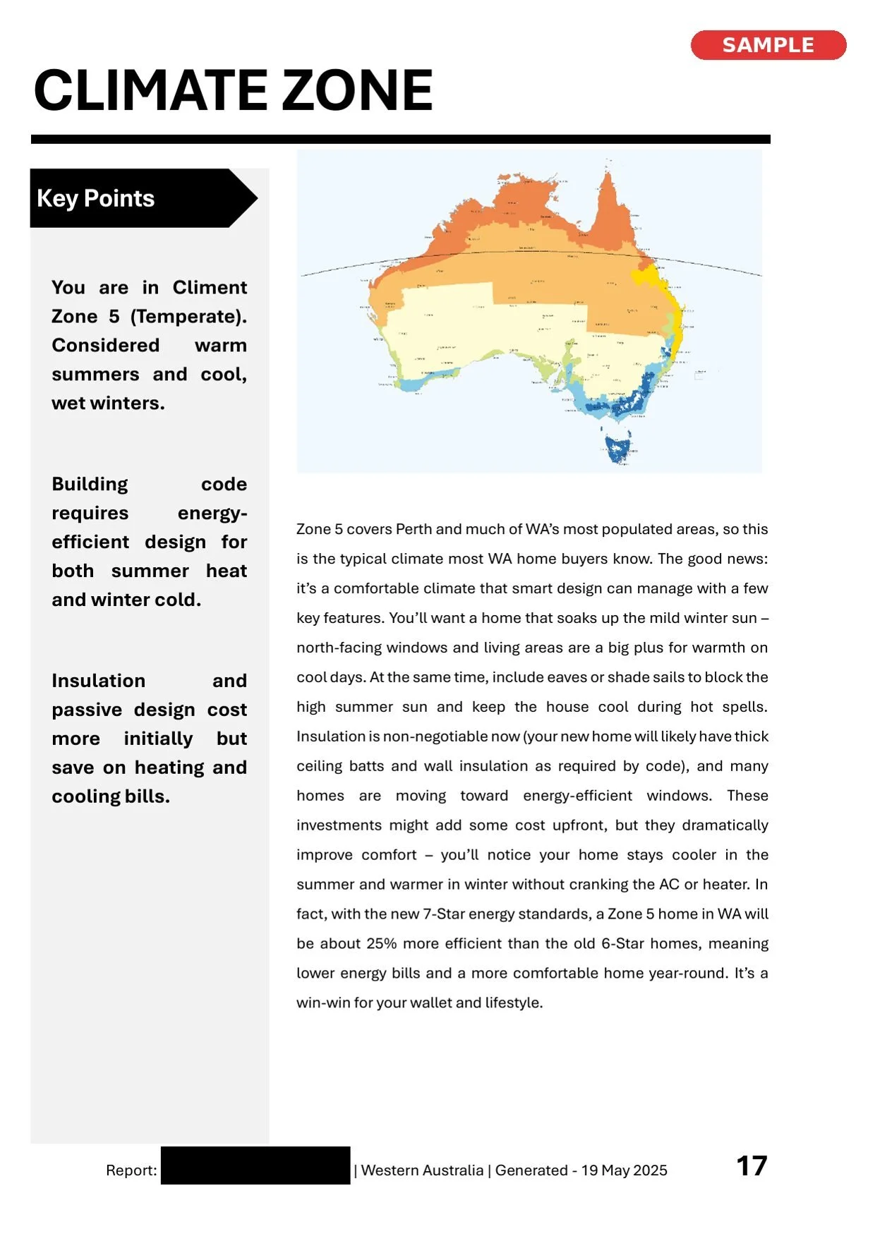 Map of Australia showing climate zones with zone 5 (temperate) in beige, covering Perth and large parts of Western Australia. Zone 5 is marked as a comfortable climate for WA home buyers, with features promoting energy efficiency.