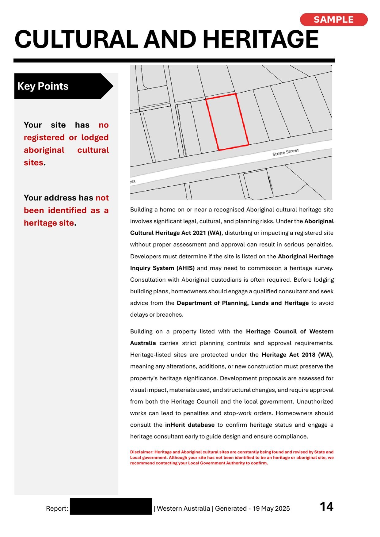 A document page titled 'Cultural and Heritage' with a map showing a property outlined in red on Stone Street. The document discusses heritage site regulations and legal considerations for building on or near Aboriginal cultural sites.