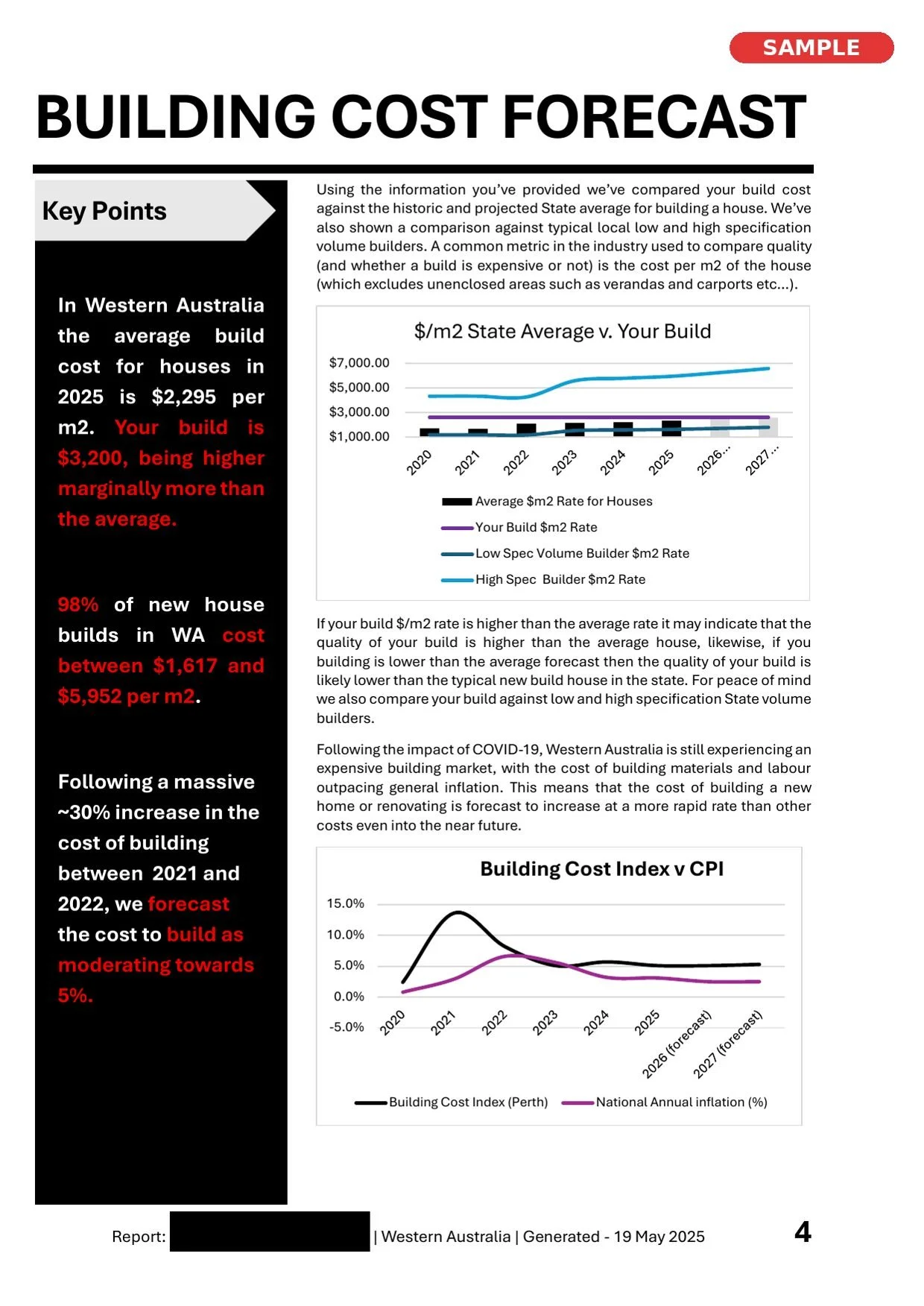Sample report titled 'Building Cost Forecast' with graphs and text discussing construction costs in Western Australia, comparing build costs per square meter and trends from 2020 to 2027, including rate comparisons and inflation data.