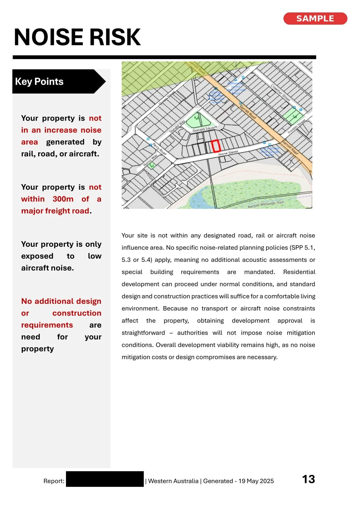 A document titled 'Noise Risk' with a map of a residential area, highlighting a specific property in red, and paragraphs explaining noise impact and planning policies.