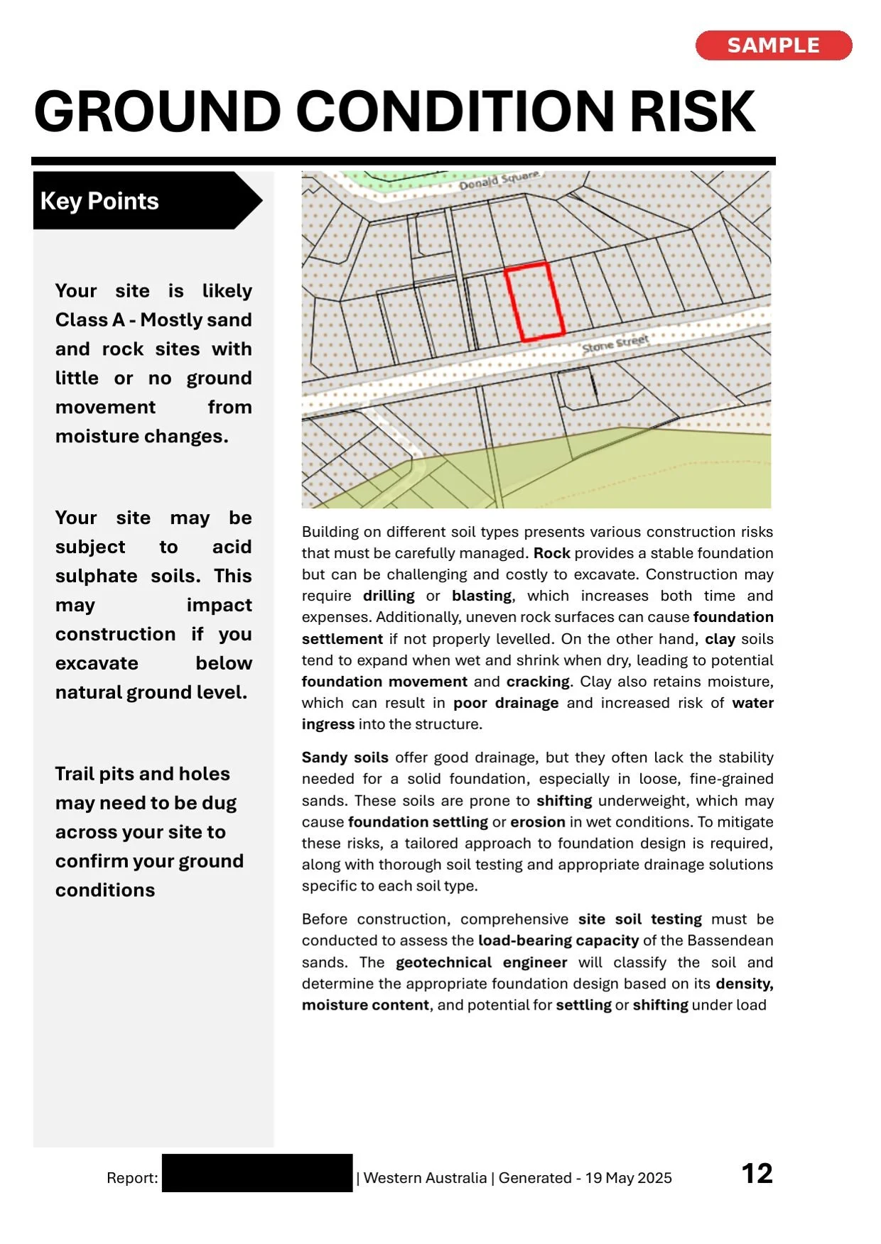 Map showing a site outlined in red along Donald Street and Stone Street, with surrounding land plots and street view.