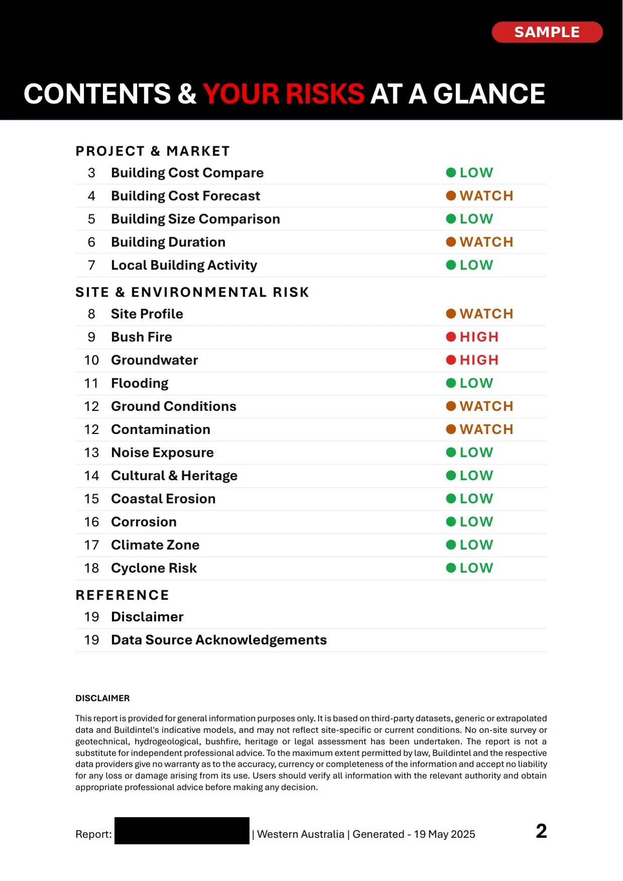 A table showing the contents and risks of a project, including categories such as project & market risks with items like building costs, size, duration, and activity, and site & environmental risks including site profile, bush fire, groundwater, floo