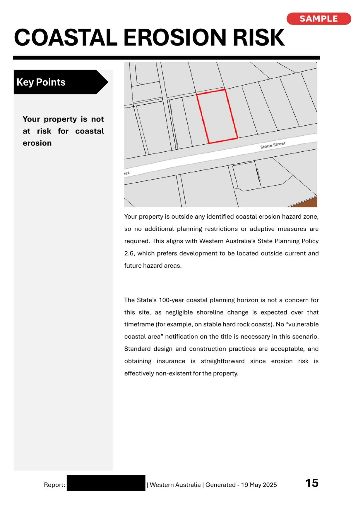 A coastal erosion risk assessment report page showing a map of a property outlined in red, located along Stone Street, with a key point indicating the property is not at risk for coastal erosion. The page includes text explaining the risk assessment 