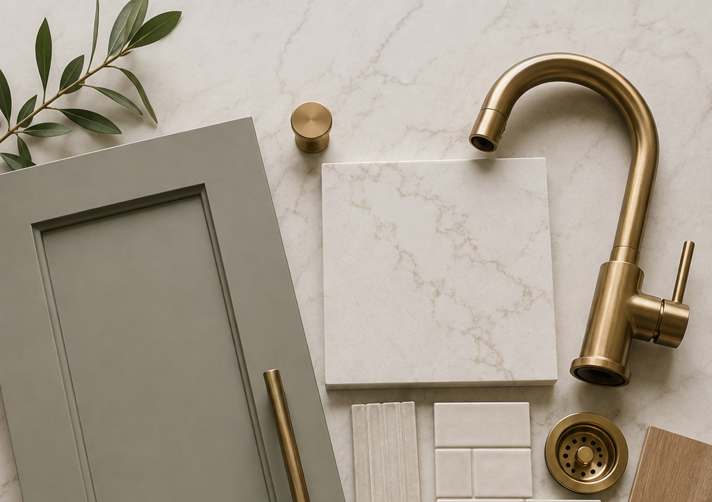 A top view of various kitchen design items including green leaf branch, gray cabinet door, gold faucet, marble tiles, and small marble accents on marble counter.