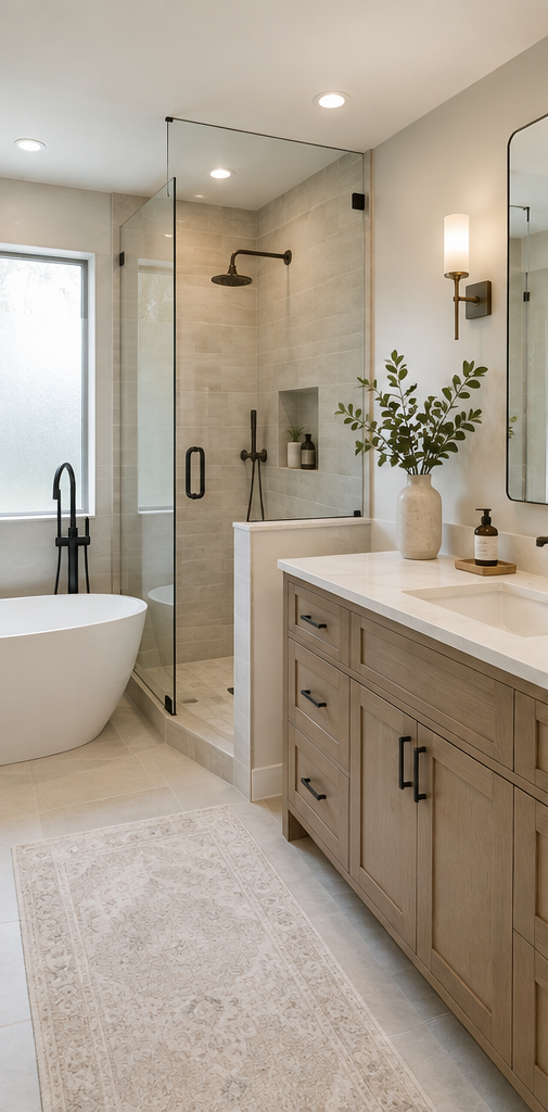 Modern bathroom with walk-in shower, freestanding bathtub, wooden vanity, vase with greenery, and a window
