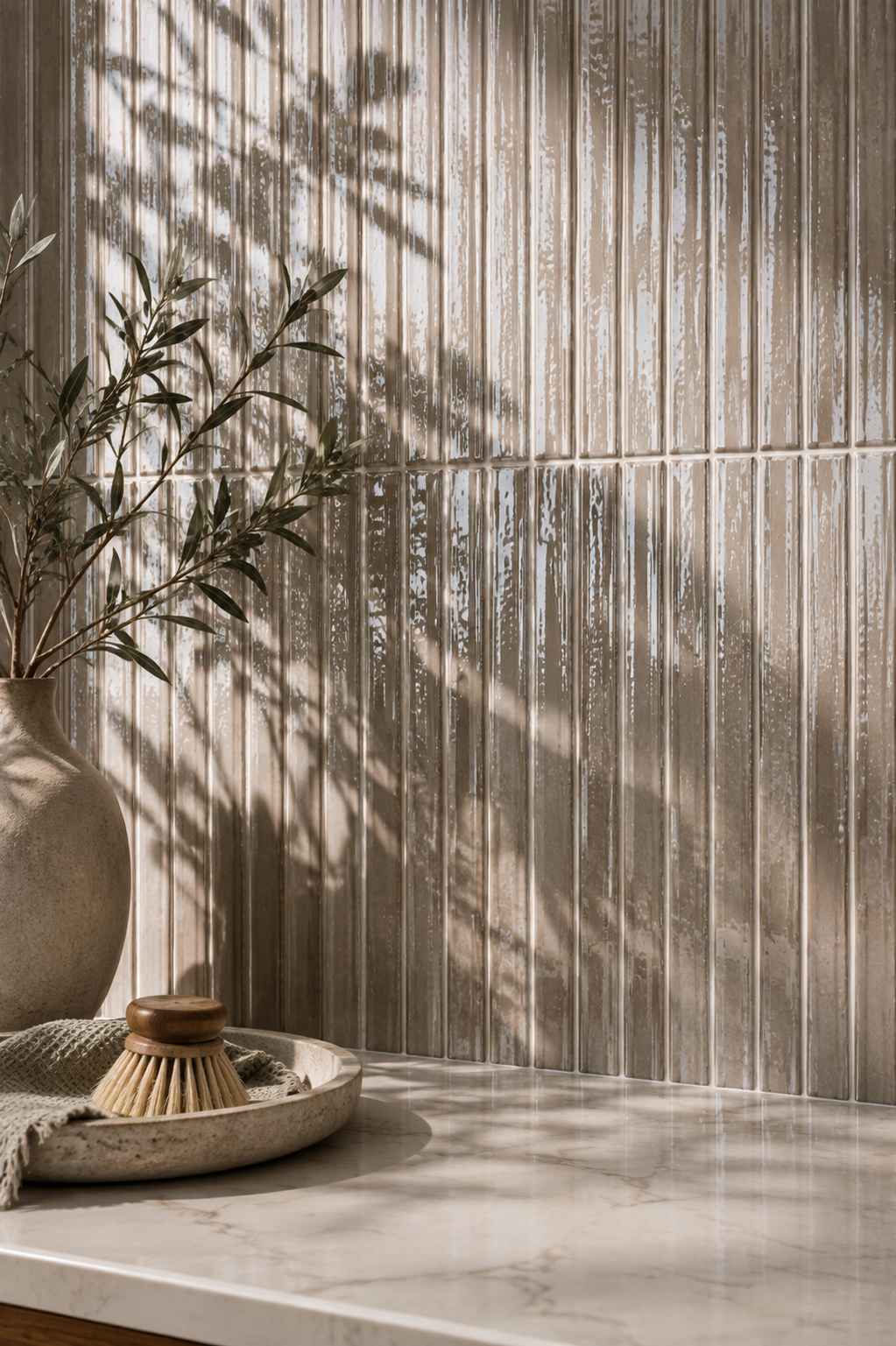 Decorative interior with a beige vase holding a green leafy plant, a tray with a wooden brush, on a marble countertop, with sunlight casting shadows on a metallic tiled wall.